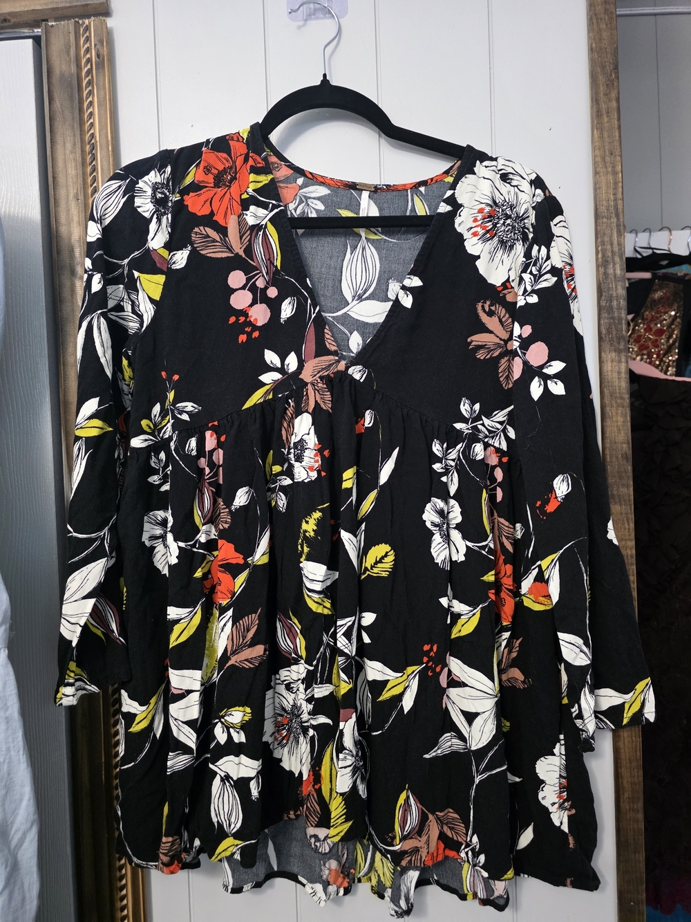 Free People Black Floral V-Neck Tunic with Multicolor Blooms